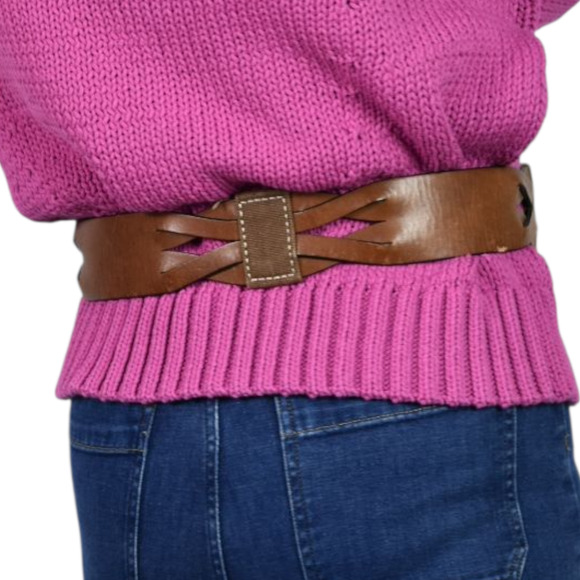 Gap Leather Belt Vintage Brown Canvas Wide Sturdy Rugged Textured Cutouts Medium - Picture 12 of 15